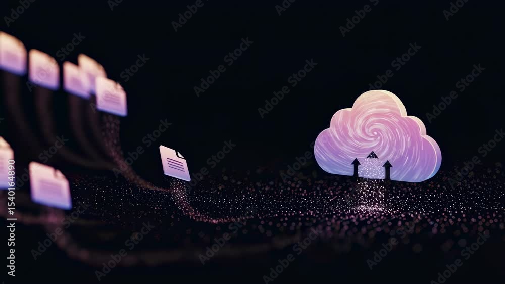 Poster Digital files uploading to a cloud server. Secure data transfer. Online storage and computing technology animation.