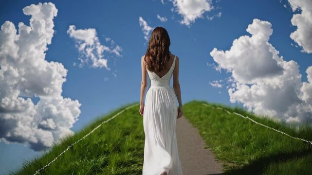 A beautiful woman in a white dress tanding on a path towards the clouds