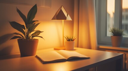 Cozy reading corner with open book, warm lighting, and decorative plants