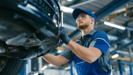 Mechanic working under a car, inspecting the exhaust system while a large automotive lift holds the vehicle above, work lights casting shadows