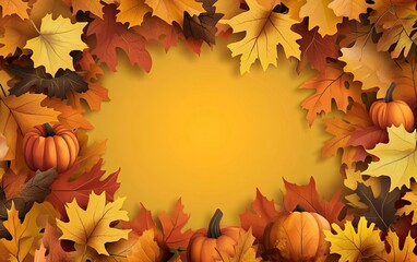Autumn leaves and pumpkins framed on a transparent background