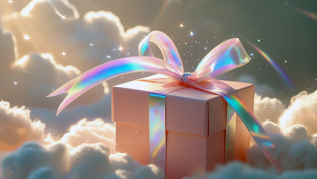Enchanted Gift Box Dreamy Cloudscape, Iridescent Bow - Powered by Adobe