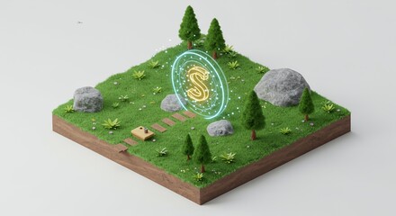 Isometric Miniature Green Landscape Featuring Glowing Portal and Trees