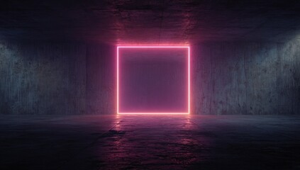 Glowing pink neon square frame in dark, textured concrete room, reflecting on wet floor