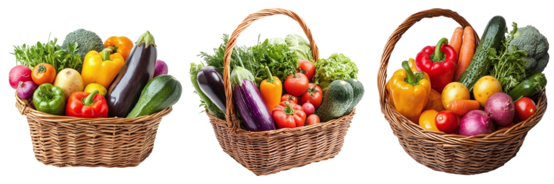 Set of basket weaving with various ripe vegetables isolated on transparent background PNG