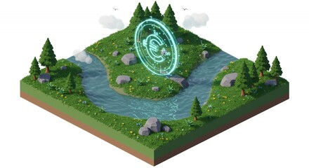 Isometric Natural Landscape with Rivers Converging under Glowing Portal in Green and Blue