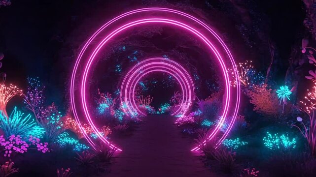 Vibrant neon tunnel with glowing plants and pathways