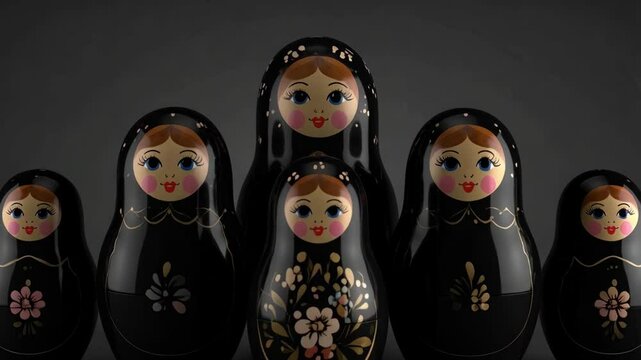 Arrangement of glossy black Matryoshka dolls of different sizes with painted faces and floral designs arranged on a neutral background