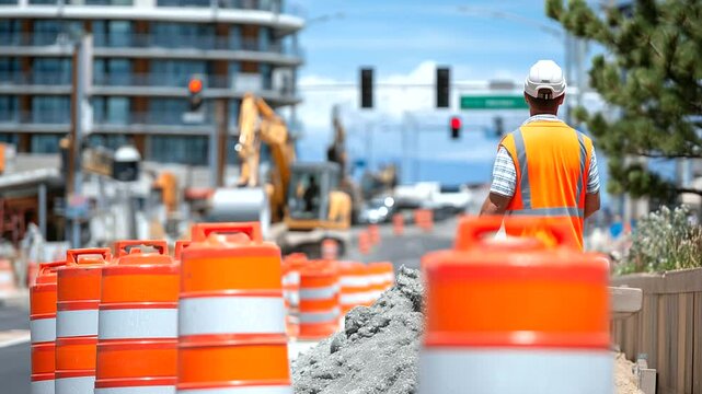 Men place cones along urban street, directing traffic away from construction zone, traffic signals and machinery in the background
