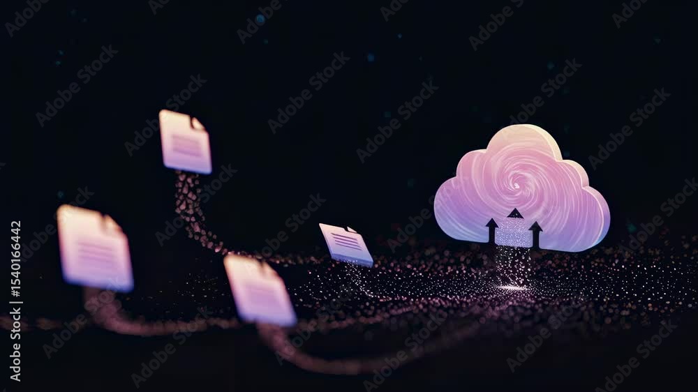 Poster digital document icons moving towards cloud storage, illustrating data file upload and secure online