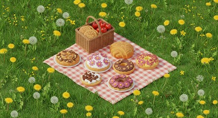 Isometric Picnic Scene Featuring Donuts And Tomatoes Basket On Checkered Blanket Amid Dandelions And Yellow Flowers In Spring 3D Render