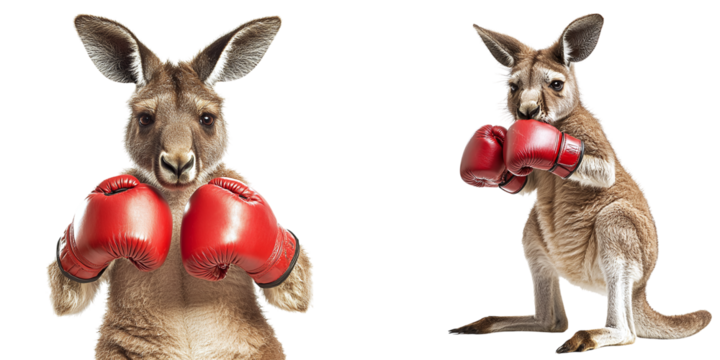 Set of angry kangaroos in boxing gloves isolated on transparent background PNG