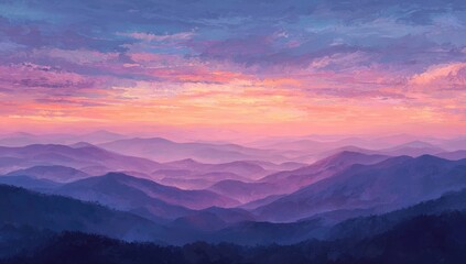 Obraz premium Serene sunset over a vast, layered mountain range, painted in soft purple, pink, and orange hues, creating a dreamy, ethereal atmosphere