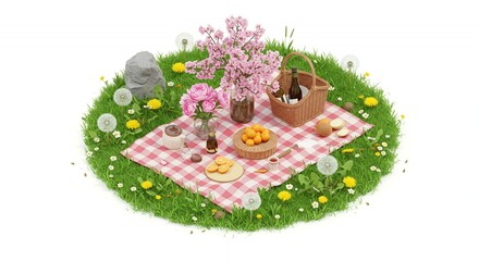 Isometric Picnic Scene with Checkered Blanket and Pink Flowers on Green Grass 3D Render