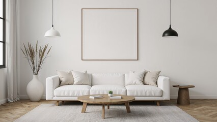 Bright living room with white sofa round table and square frame on the wall above the couch