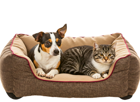 Cute dog and cat relaxing in pet bed isolated on transparent background - Powered by Adobe