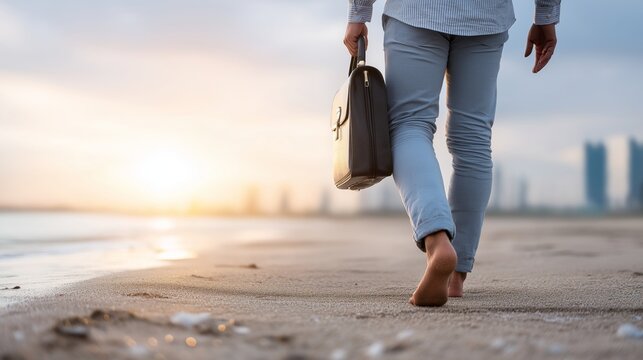 Barefoot Professional Walking Beach at Sunset, Briefcase in Hand with Golden Hour Glow - Powered by Adobe