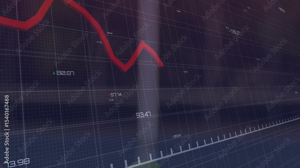 Poster emerging red line graph wobbling then surging before declining for financial visualization on grid