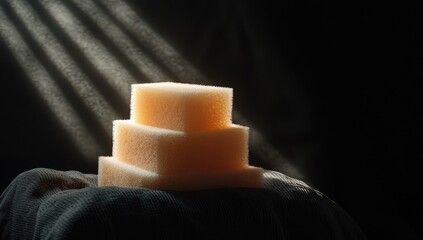 Three light orange sponges stacked, bathed in sunlight beams