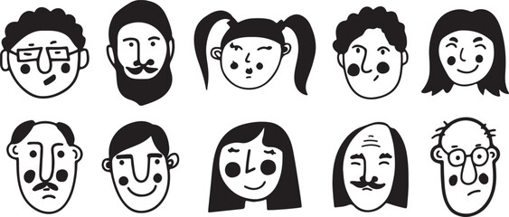 Young Boy and Girl Faces Vector Set, Hand Drawn Child Avatars in Doodle Style