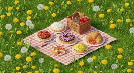 Isometric Picnic with Assorted Desserts on Checkered Blanket Surrounded by Flowers in a Green Field 3D Render