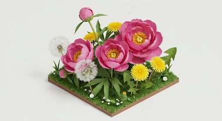 Isometric Pink Peonies and Dandelions Floral Arrangement in 3D Render on Square Grass Patch