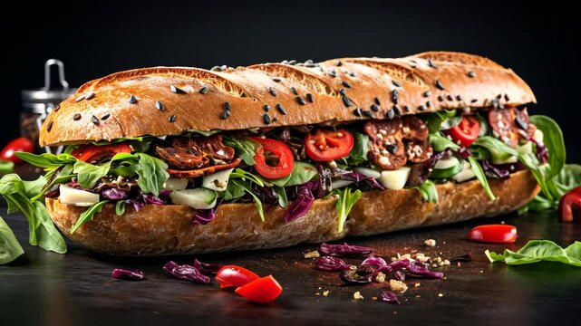 Delicious baguette sandwich filled with fresh vegetables and sun-dried tomatoes