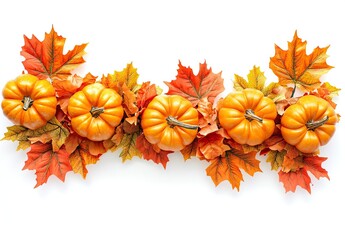 Photo of a white background with fall leaves and pumpkins on the left side