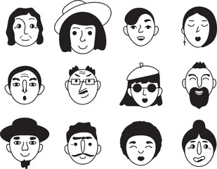 Mixed Children Avatar Vector Pack, Hand Drawn Boy and Girl Face Icons Set