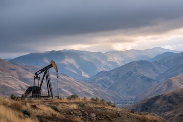 Naklejka premium Mountain oil exploration with derrick in valley, natural light, balanced exposure, authentic machinery