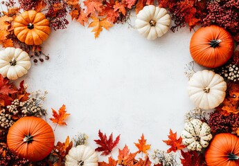 Photo of a white background with fall leaves and pumpkins on the left side