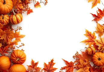 Fototapeta premium Photo of a white background with fall leaves and pumpkins on the left side