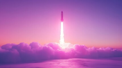 Rocket launch into pink glowing sky surrounded by clouds and light