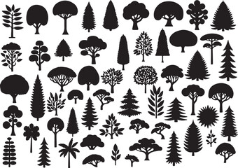 Tree Icon Silhouette Set, Nature Forest Trees Collection, Black Botanical Shapes