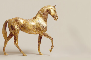 Stunning gold horse sculpture with intricate detailing on a neutral background, luxurious art piece