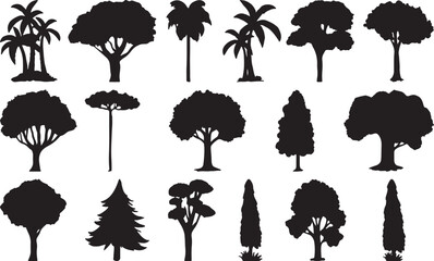 Tree Icon Silhouette Set, Nature Forest Trees Collection, Black Botanical Shapes