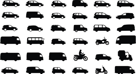 Black Vehicle Silhouette Collection in Grid Layout Featuring Diverse Transportation Types