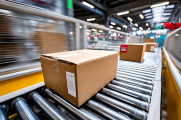 Action figures on conveyor enter packaging station, factory scene, right-side copy space