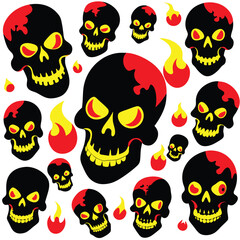 Collage of Black Skull Silhouettes Vector Illustration with Grayscale and Color Elements