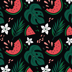 Seamless pattern with watermelons and tropical plants