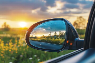 Sunset reflected in car mirror, countryside view