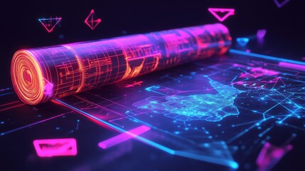 Rolled digital map glowing in neon with holographic overlays and futuristic data interface.