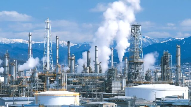 Pipes and metal structures weaving through a refinery site, huge storage tanks in the background, steam venting from several towers