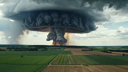 Fiery atomic mushroom cloud erupts dramatically over a peaceful rural landscape. A powerful visual representing global conflict, ultimate destruction, and an overwhelming force of nature.