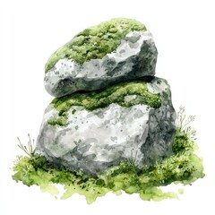 Watercolor illustration of two mossy rocks