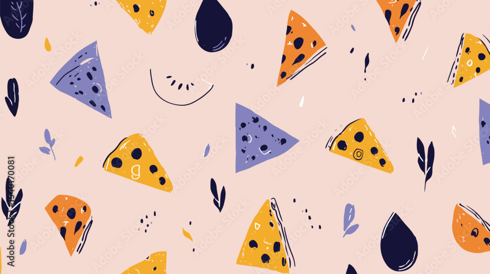 Poster abstract food slices scatter across light backdrop in whimsical seamless pattern