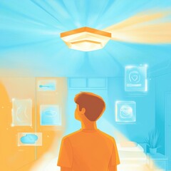 Boy looking at glowing ceiling light with digital projections in a futuristic bedroom.