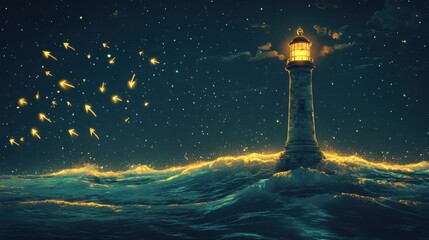 Glowing lighthouse surrounded by a sea of golden light particles under a night sky.