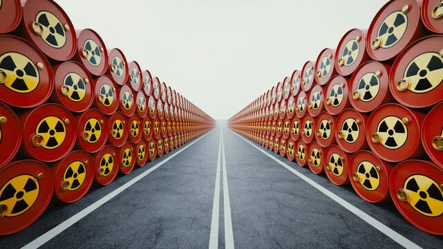 Row of Red Barrels with Hazard Symbols Indicating Radioactive Material Storage