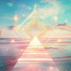 Dreamy digital pyramid pathway over ocean under a glowing sky with geometric overlays.